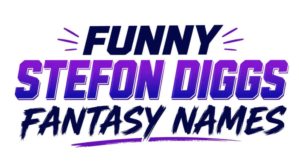 A clean 16:9 banner with a white background featuring the centered title "Funny Stefon Diggs Fantasy Names" in bold, modern typography with navy and purple gradient lettering, accented by subtle decorative lines and brush-style effects for a fun, energetic sports-inspired look.