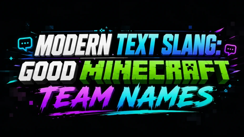 Bold, gaming-inspired 16:9 banner featuring large 3D neon typography on a dark background. The centered text reads “Modern Text Slang: Good Minecraft Team Names” in vibrant blue, green, purple, and cyan colors with glowing effects, pixel-style accents, and dynamic brushstroke elements. The design has a modern Minecraft-inspired aesthetic, making it ideal for a website header, gaming blog, or team name guide.