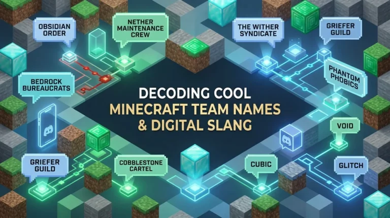 An elegant, 16:9 isometric digital website banner featuring pixelated Minecraft-style block landscapes with glowing tech pathways and chat bubbles showing team names like Bedrock Bureaucrats, Nether Maintenance Crew, and Cobblestone Cartel, centered around a clean title that reads 'Decoding Cool Minecraft Team Names & Digital Slang'.