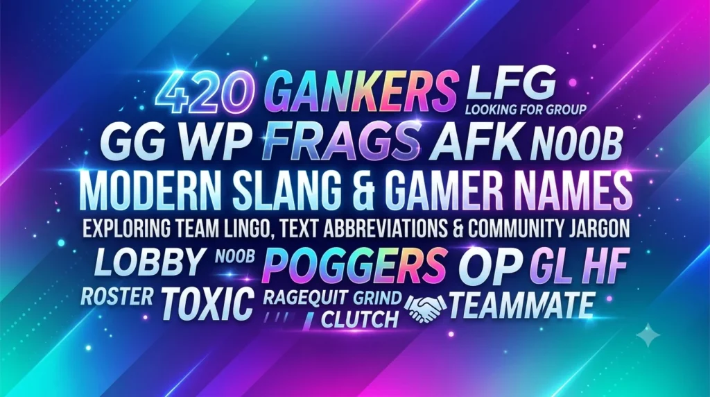 Here is the alternative text for the uploaded digital banner: Alternative Text: A vibrant, 16:9 digital banner with a neon gradient background transitioning from deep blue and cyan to bright magenta and purple, overlaid with glowing diagonal light streaks and sparkles. The center features a bold typography collage of modern text slang and gaming terminology in various stylized fonts. The main, largest text reads "MODERN SLANG & GAMER NAMES" with the subtitle "EXPLORING TEAM LINGO, TEXT ABBREVIATIONS & COMMUNITY JARGON" directly beneath it. Other surrounding terms include popular gamer jargon such as "GG WP," "AFK," "NOOB," "POGGERS," "OP," "GL HF," "CLUTCH," "TOXIC," and "LFG (LOOKING FOR GROUP)," along with a small handshake icon next to the word "TEAMMATE."