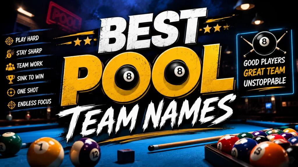 Best pool team names banner featuring a blue billiards table, colorful pool balls, crossed cues, and bold white and gold typography.