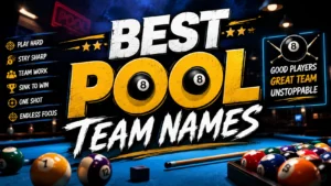 Best pool team names banner featuring a blue billiards table, colorful pool balls, crossed cues, and bold white and gold typography.