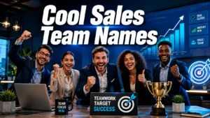 Cool sales team names featured image showing a professional sales team celebrating success in a modern office with rising performance charts and a trophy.