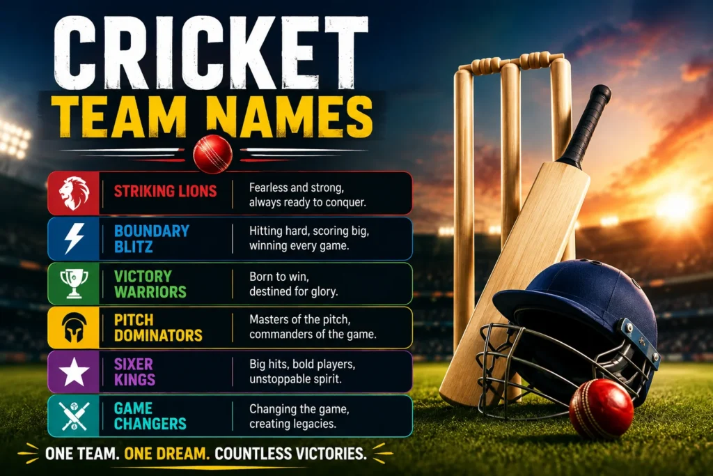 Cricket team names infographic featuring Striking Lions, Boundary Blitz, Victory Warriors, Pitch Dominators, Sixer Kings, and Game Changers with cricket bat, ball, helmet, and stumps.