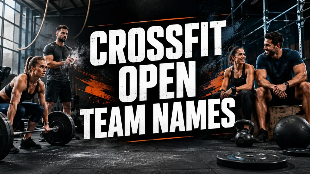 Editorial-style illustration of CrossFit athletes training in a modern gym with barbells, kettlebells, and pull-up rigs, featuring bold centered text reading “CrossFit Open Team Names,” representing creative, motivational, and competitive team name ideas for the CrossFit Open.