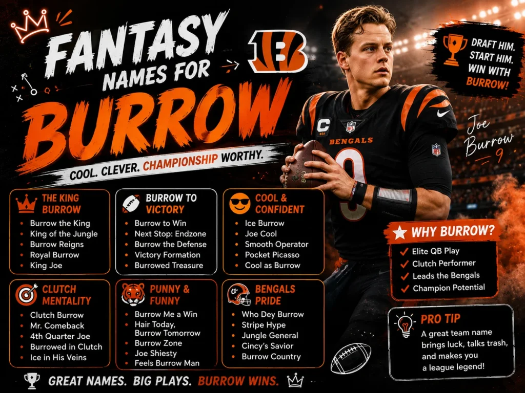 Joe Burrow fantasy team names featured graphic with a football quarterback and creative names including Joe Cool, Burrow to Win, King Joe, and Who Dey Burrow.