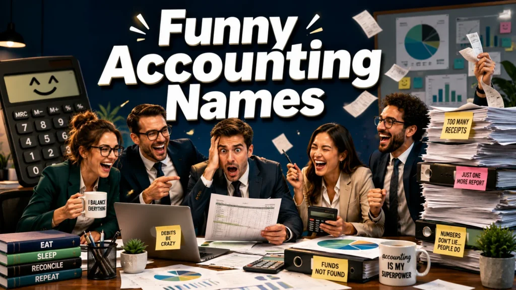 Funny accounting names featured image showing accountants laughing in a busy office surrounded by calculators, spreadsheets, receipts, and financial charts
