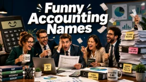 Funny accounting names featured image showing accountants laughing in a busy office surrounded by calculators, spreadsheets, receipts, and financial charts