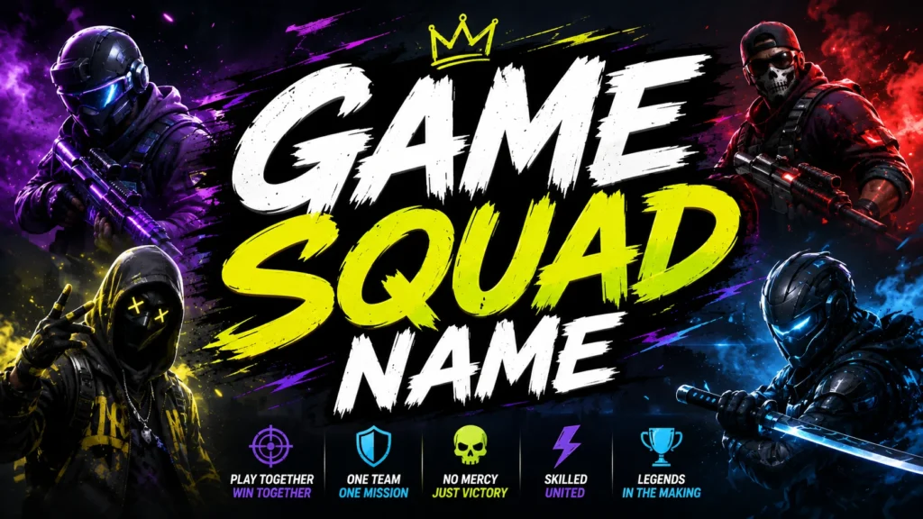 Vibrant gaming-themed featured image for Game Squad Name, featuring futuristic gaming characters, neon esports visuals, bold title text, and dynamic action graphics representing creative and cool squad name ideas for gaming teams.