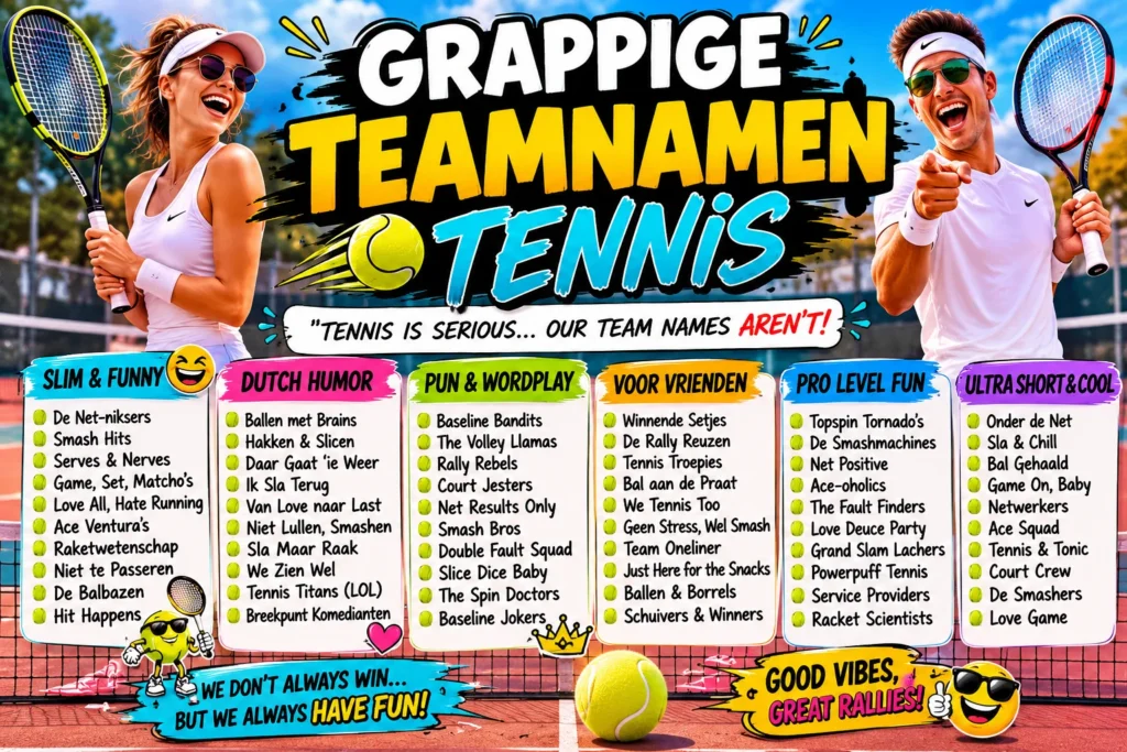 Grappige teamnamen tennis featuring funny Dutch tennis team name ideas with cheerful players, rackets, tennis balls, and colorful humor-themed categories.