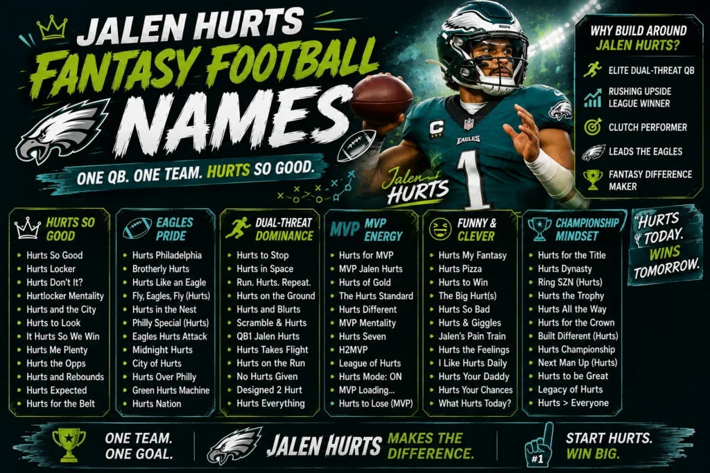 Jalen Hurts fantasy football names featuring clever, funny, Eagles-inspired, MVP, dual-threat, and championship-themed team name ideas.