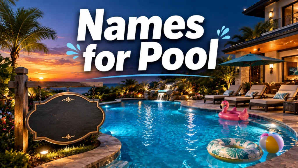 Names for pool featured image showing a luxury backyard swimming pool with tropical landscaping, colorful floats, a waterfall, and a blank decorative name sign.
