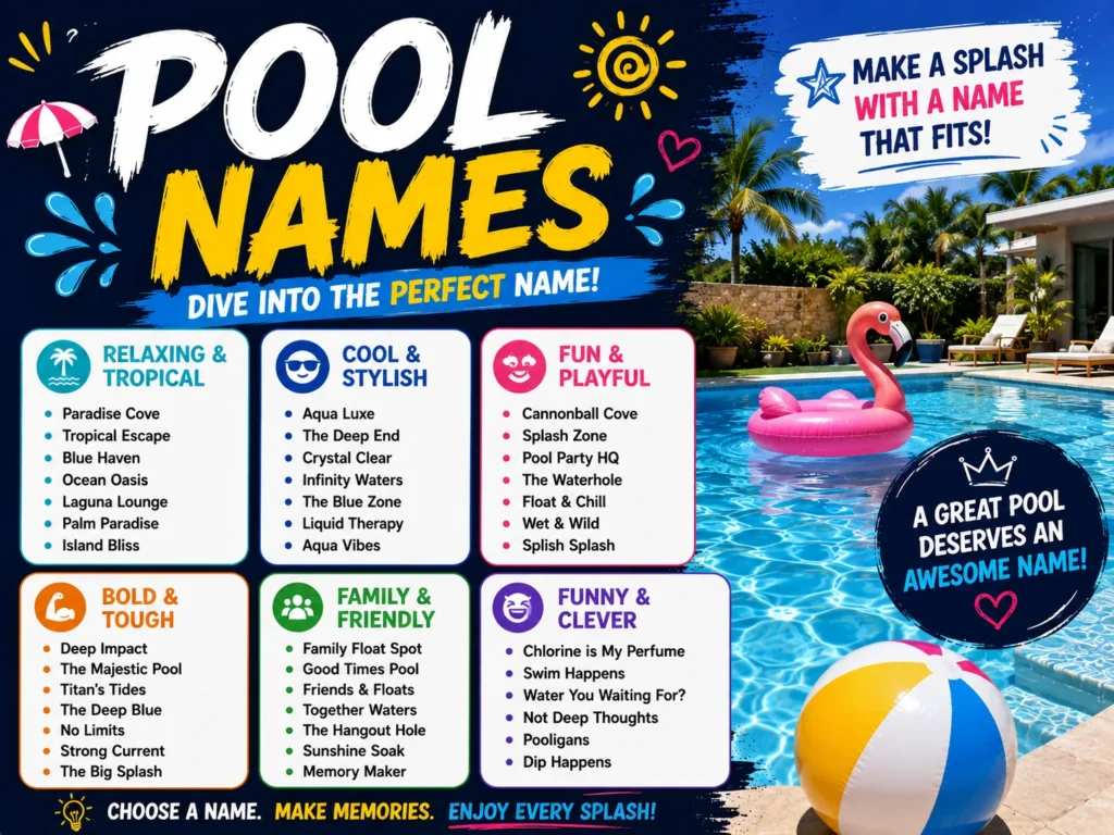 Pool names ideas featuring creative, funny, tropical, stylish, and family-friendly swimming pool names beside a bright backyard pool.
