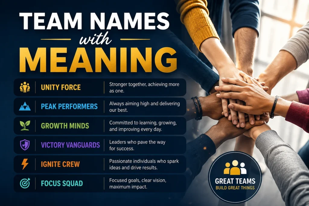 Team names with meaning infographic featuring Unity Force, Peak Performers, Growth Minds, Victory Vanguards, Ignite Crew, and Focus Squad with a teamwork hands visual.