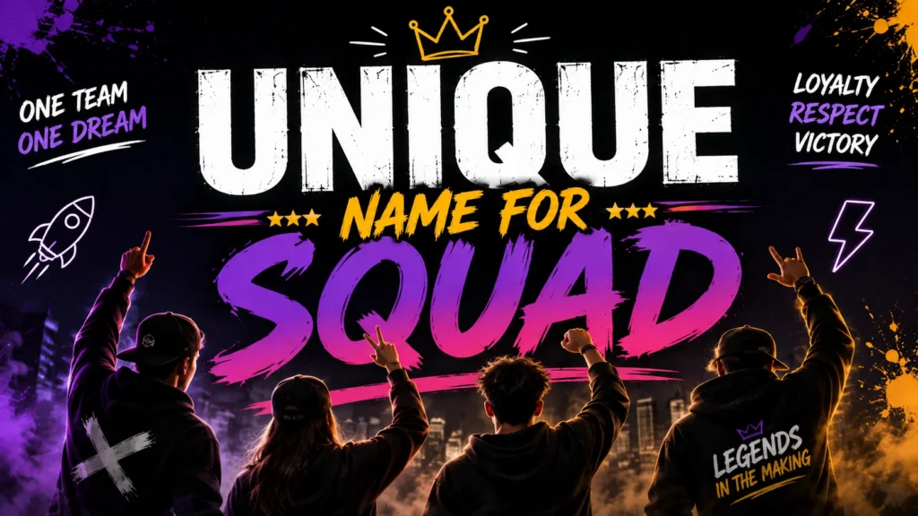 Unique name for squad banner featuring a confident team, bold purple and yellow typography, neon accents, and an energetic urban background.