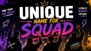 Unique name for squad banner featuring a confident team, bold purple and yellow typography, neon accents, and an energetic urban background.